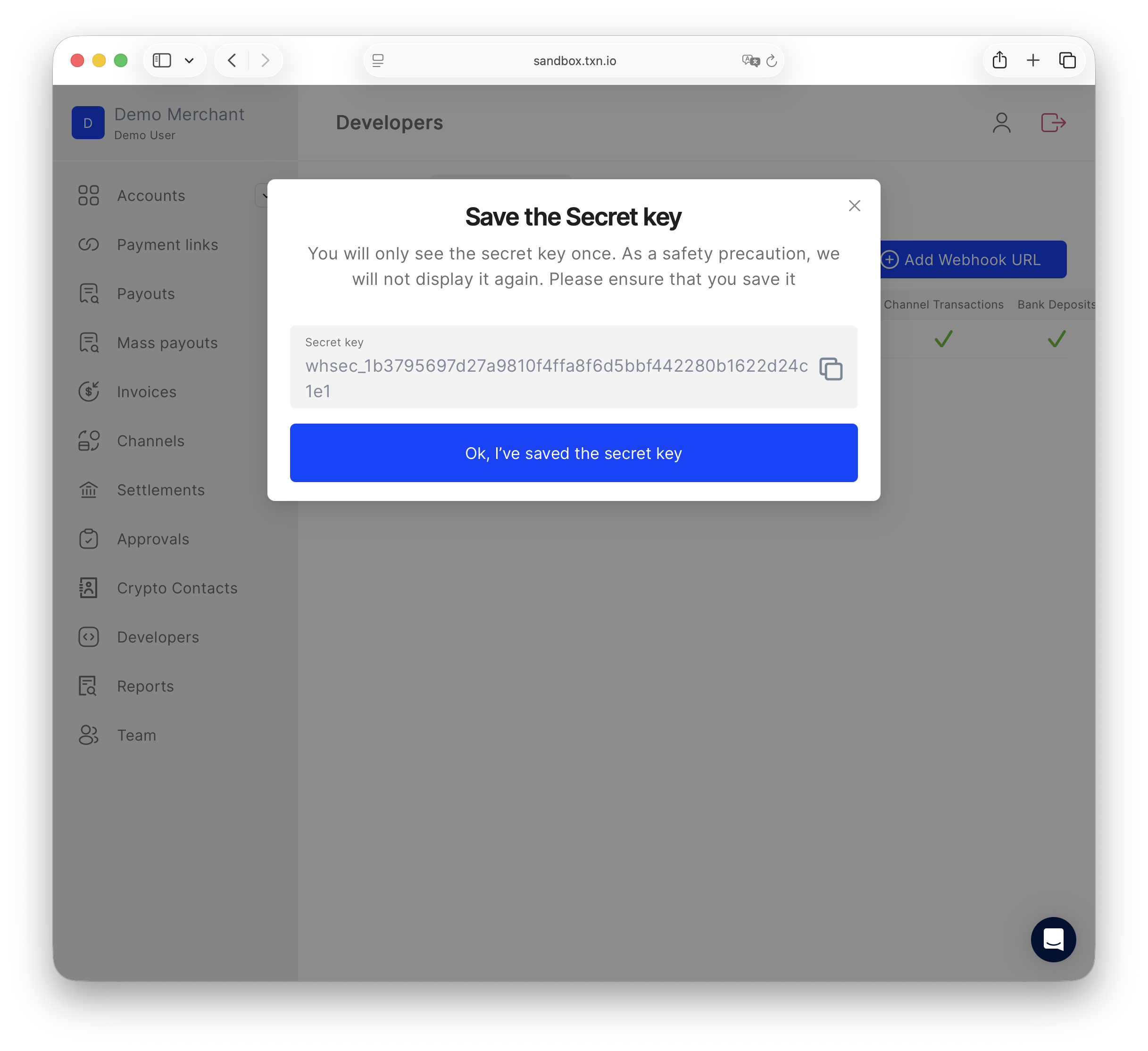 Save the webhook secret key