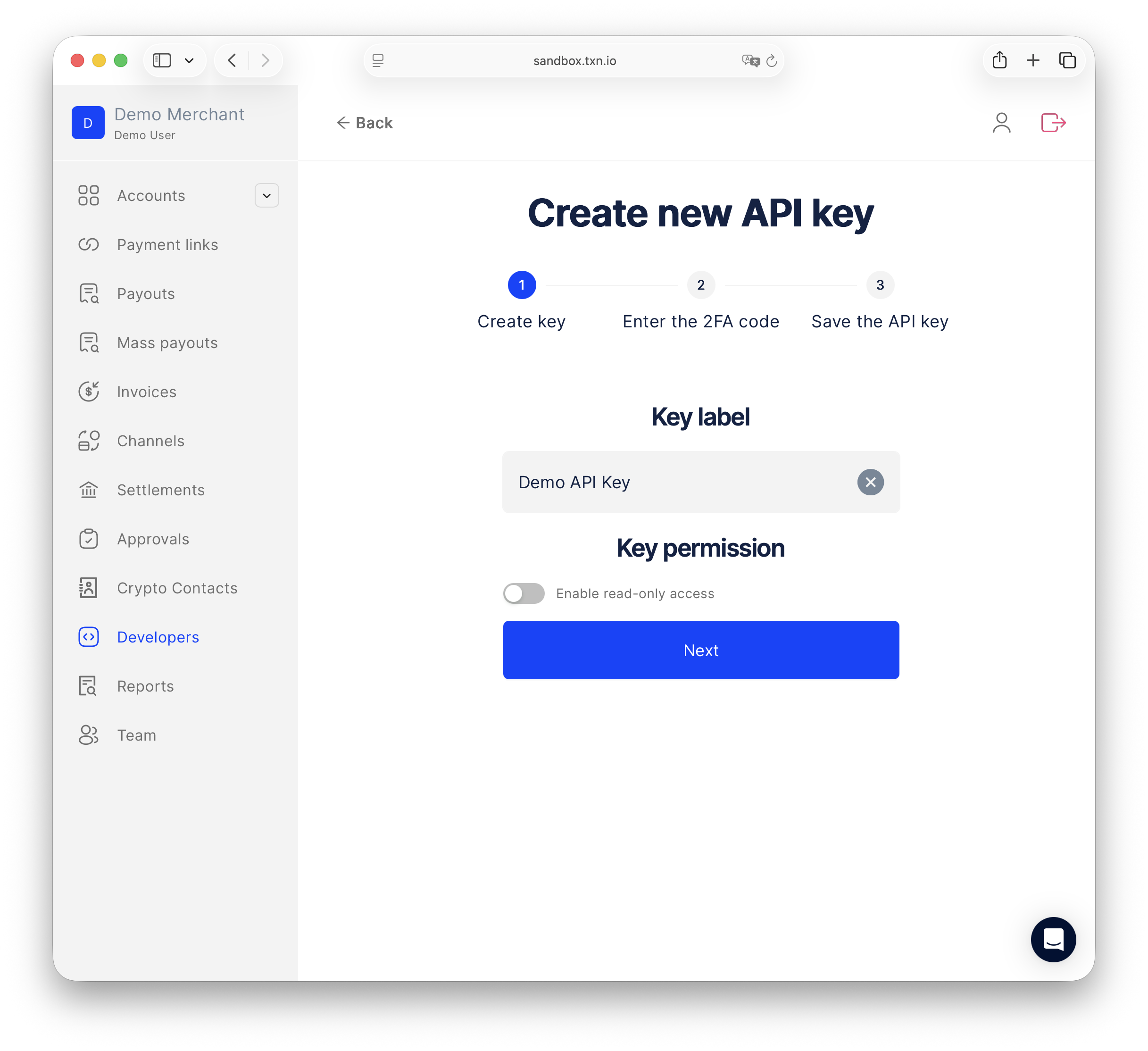 Create new API key — step 1