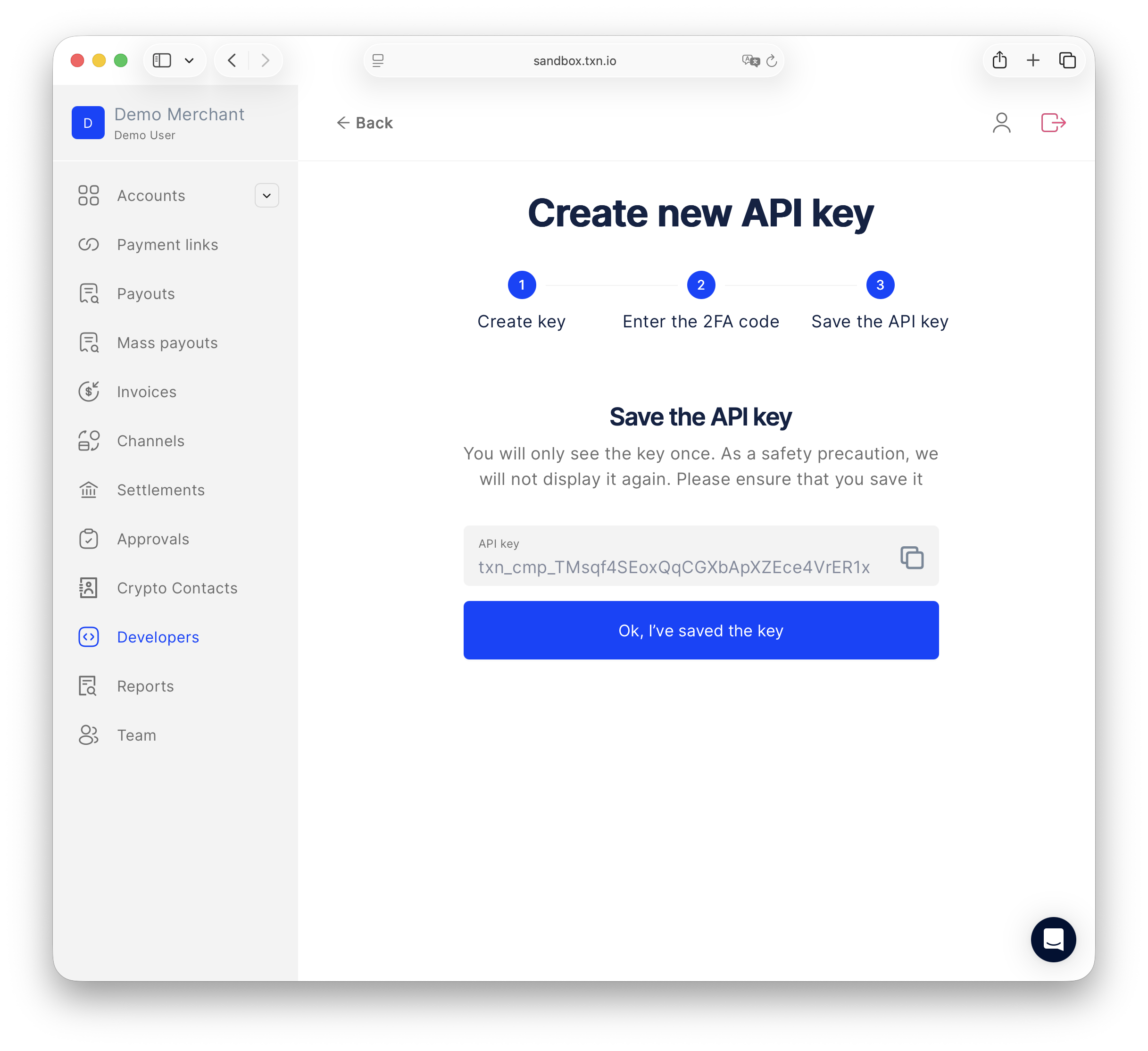 Create new API key — step 3