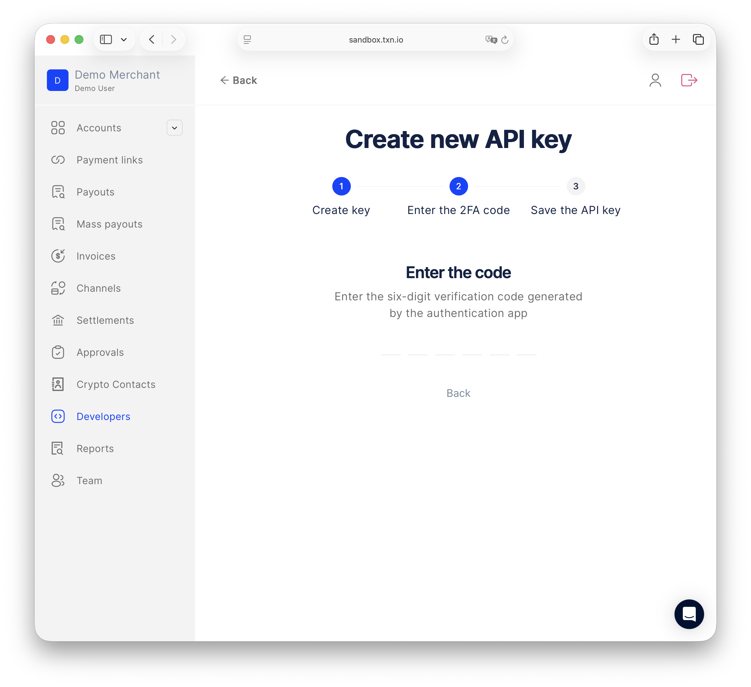 Create new API key — step 2